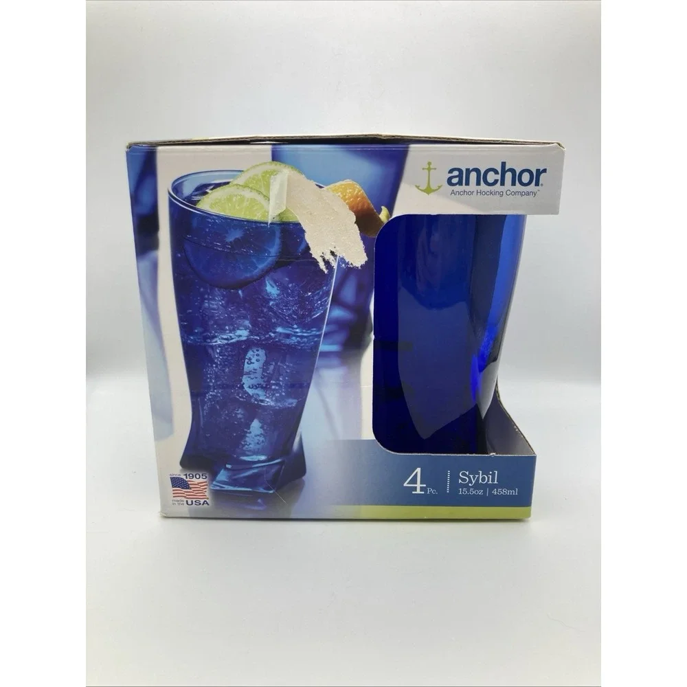 New Set of 4 Anchor Hocking Sybil Cobalt Blue Twisted Hexagon Base Glasses 15oz